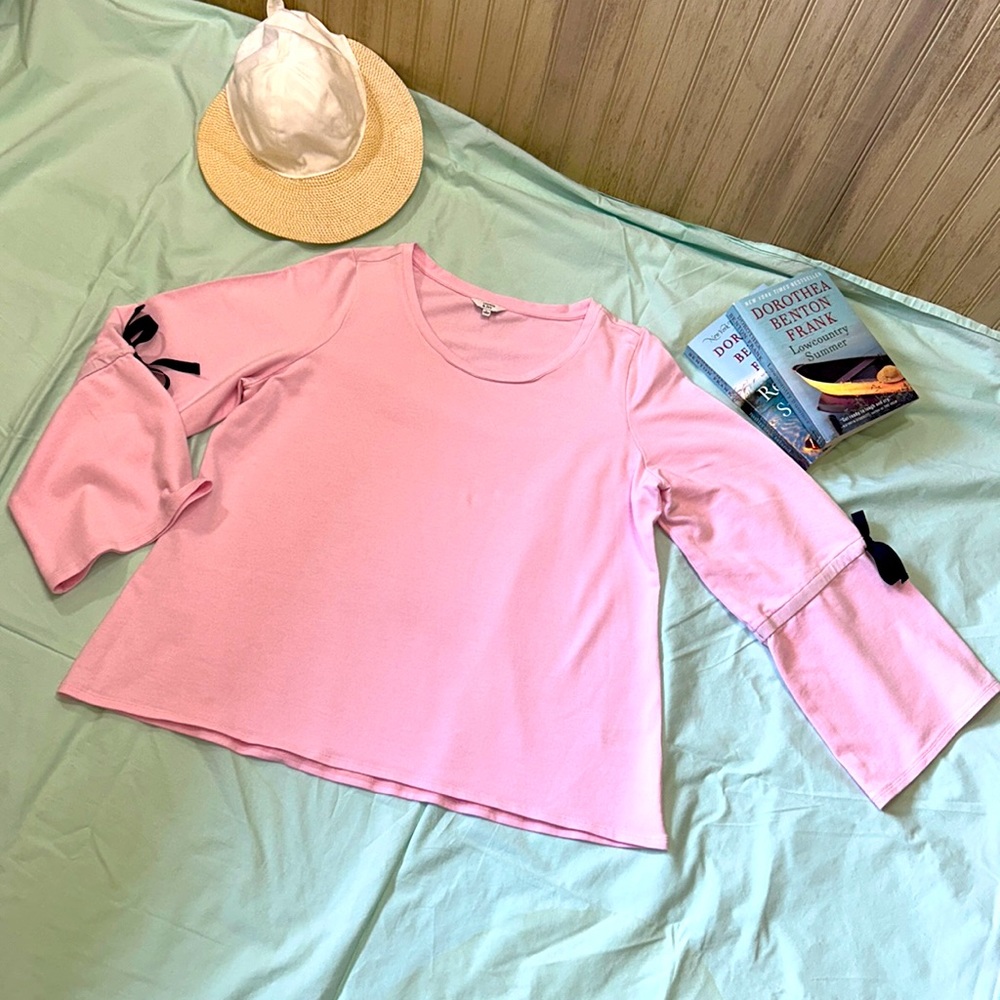 crown & ivy Pink Bell-Sleeve Sweatshirt with Black Ribbon Detail